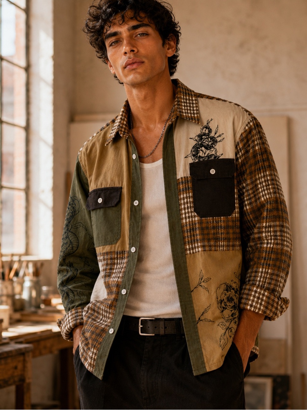 Nova Men Patchwork Plaid Graphic Overshirt Snake Floral Shirt Jacket XXL